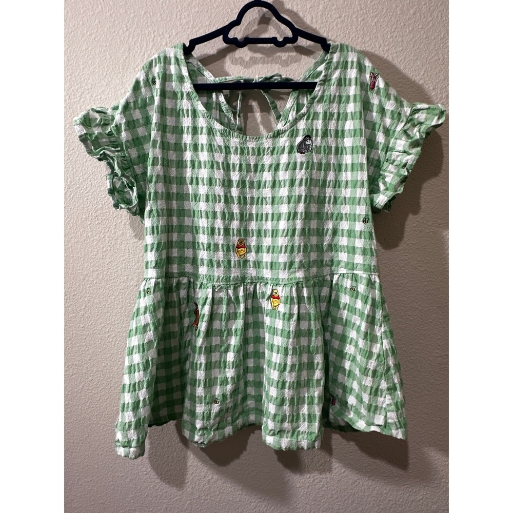 Disney Winnie the Pooh Top Womens S Green Gingham Seersucker Embroidered Blouse